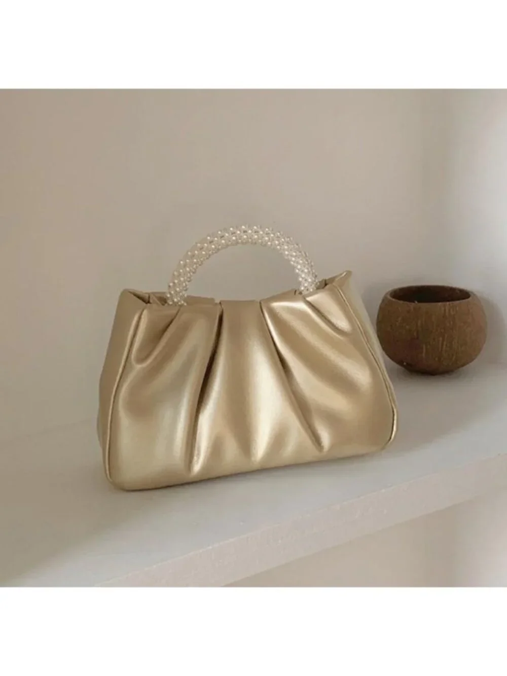 👜Women's Gold Leather Wedding Party Pearl Elegant Clutch Purse Magnetic Snap